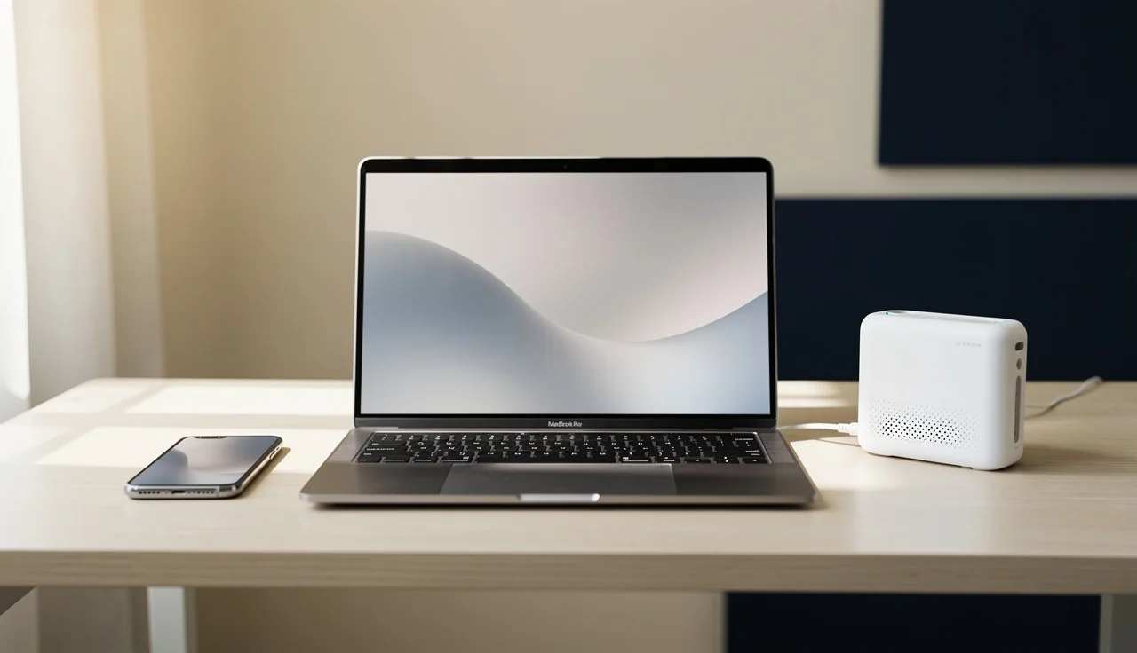 Bureau tech : ordinateur, smartphone et routeur