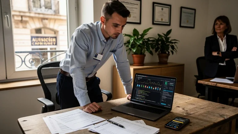 Audit de sécurité d’une TPE à Lyon en bureau avec professionnel concentré sur ordinateur, ambiance sérieuse et lumineuse