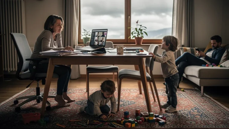 Télétravail forcé Covid en Rhône-Alpes : salon chaotique mêlant bureau et vie de famille