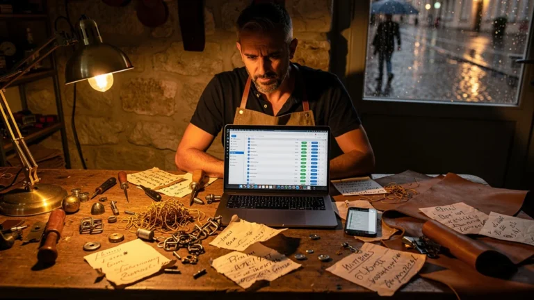 Homme lyonnais aidant un artisan à trier ses mots de passe dans son atelier authentique, ambiance réaliste et détaillée