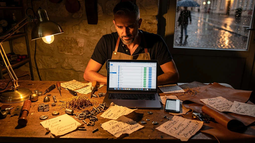 Homme lyonnais aidant un artisan à trier ses mots de passe dans son atelier authentique, ambiance réaliste et détaillée
