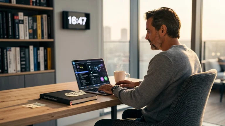 Homme de 42 ans réfléchissant à la sécurité de confier ses données au cloud dans un bureau moderne et lumineux