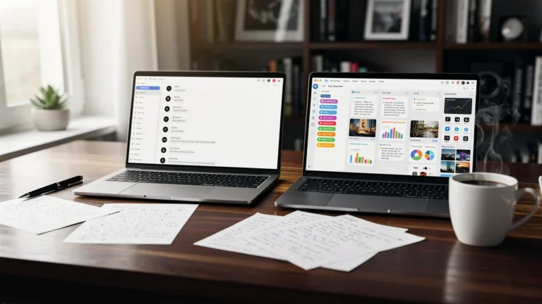 Comparaison hyper-réaliste de deux applis de prise de notes sur un bureau moderne durant une semaine de travail