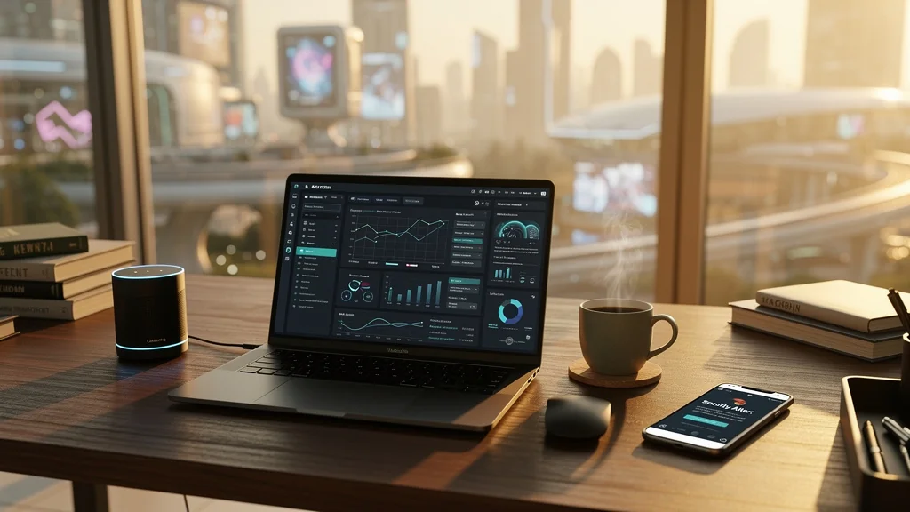 Bureau moderne en 2026 avec ordinateur et gadgets tech illustrant antivirus payant en 2026