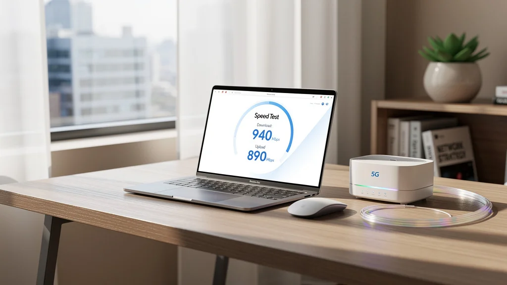 Petit bureau moderne avec équipements fibre et 5G, ambiance lumineuse et décor tech minimaliste