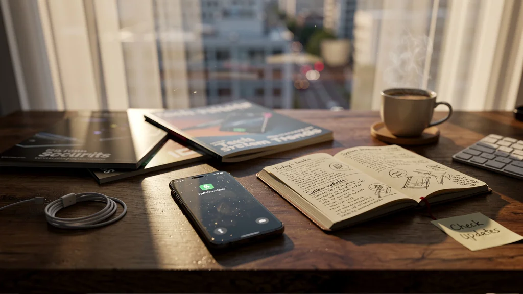 Smartphone avec notification de mise à jour sur un bureau en bois dans un bureau moderne et chaleureux
