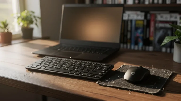 Clavier-souris sans fil bon marché sur bureau en bois dans un bureau à domicile éclairé naturellement