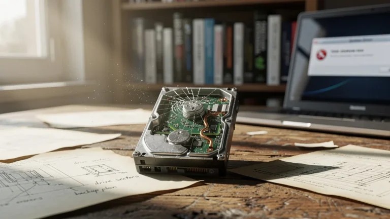 Disque dur cassé sur bureau en bois, illustrant une panne informatique et ses leçons apprises