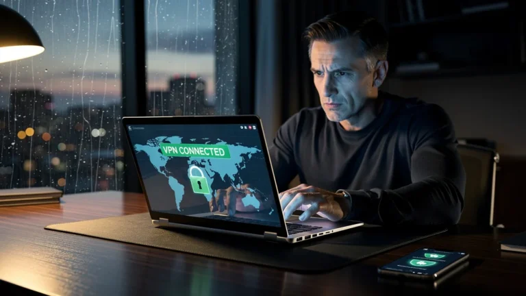 Image réaliste illustrant la protection et les doutes autour du VPN grand public en contexte tech