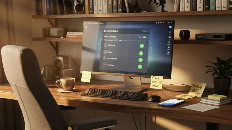 Bureau moderne avec ordinateur affichant une sauvegarde automatique active après une grosse frayeur