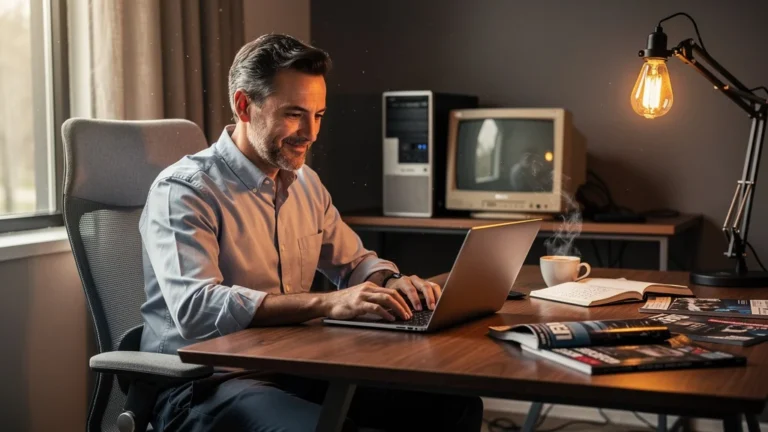 Homme de 42 ans utilisant un ordinateur portable reconditionné dans un bureau moderne et chaleureux