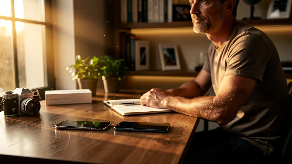 Choix entre smartphone reconditionné ou neuf illustré par homme réfléchissant devant deux téléphones sur bureau en lumière naturelle