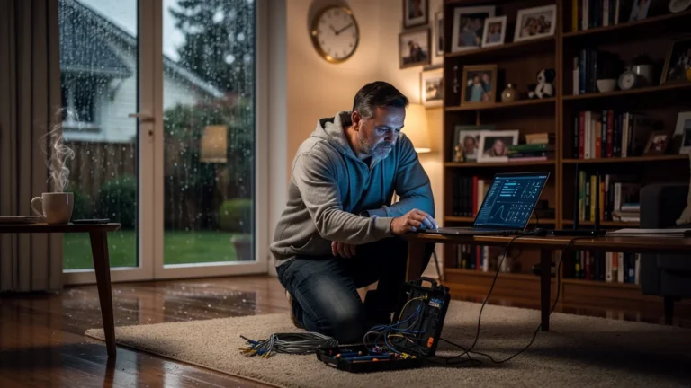 Homme réparant la connexion internet chez ses parents un dimanche pluvieux dans un salon chaleureux