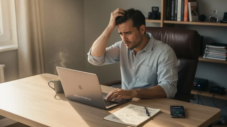 Homme regrettant d'avoir sous-estimé l'autonomie réelle de son portable tech au travail