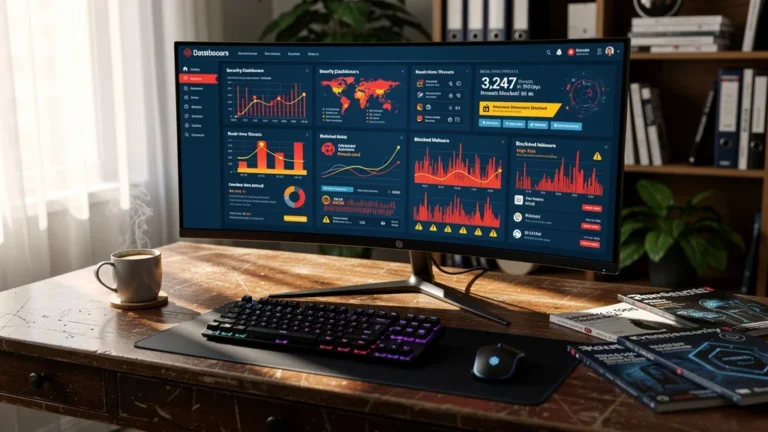 Bureau moderne avec écran affichant antivirus gratuit bloquant menaces en trois mois, ambiance tech réaliste