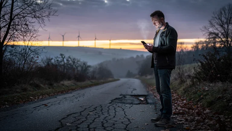 Homme avec forfait mobile à petit prix dans zone mal couverte en paysage rural isolé au crépuscule
