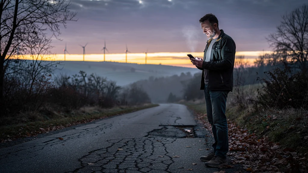 Homme avec forfait mobile à petit prix dans zone mal couverte en paysage rural isolé au crépuscule