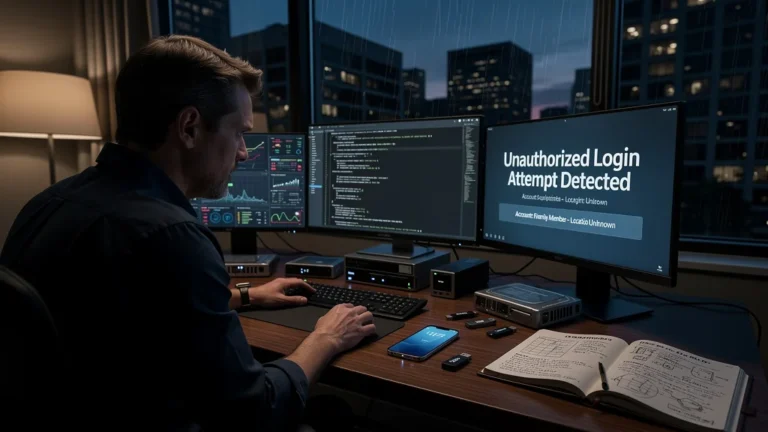 Homme de 42 ans découvrant une intrusion informatique en direct, prise de conscience sécurité digitale