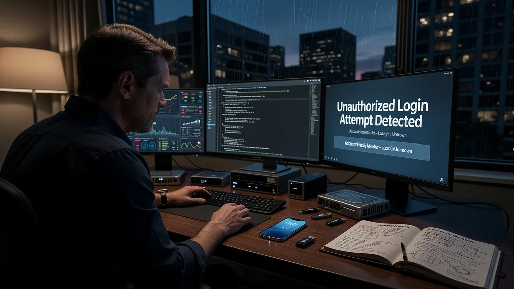 Homme de 42 ans découvrant une intrusion informatique en direct, prise de conscience sécurité digitale