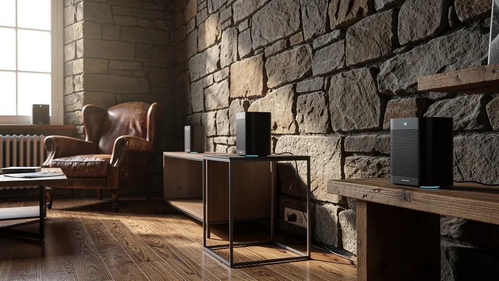 Routeur Wi-Fi maillé moderne testé dans une maison aux murs épais en pierre, ambiance lumineuse naturelle