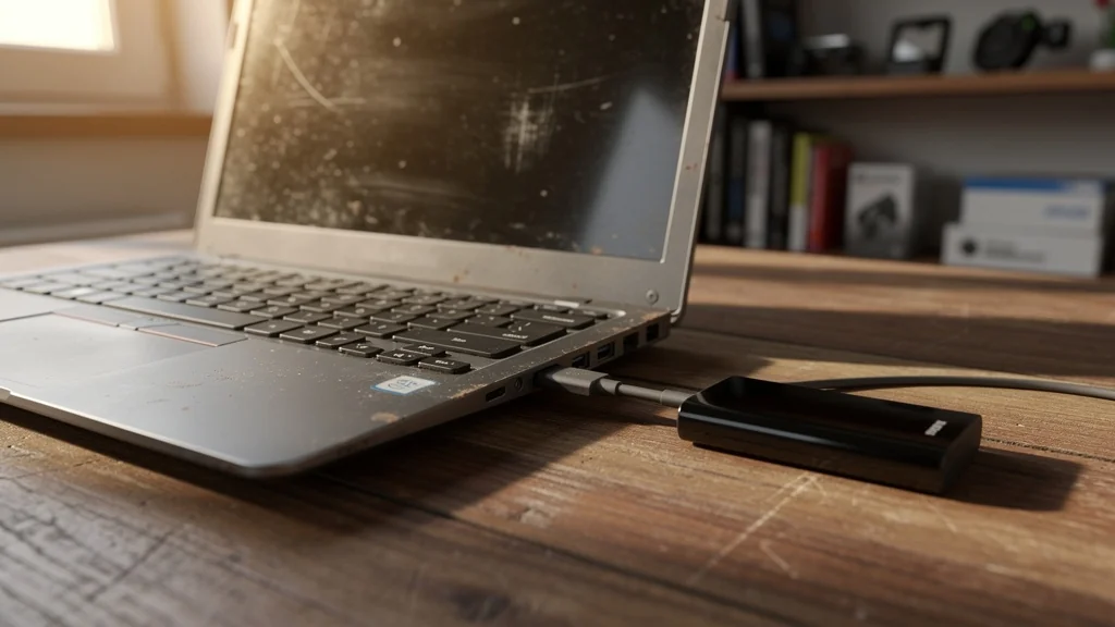 SSD externe connecté à un vieux portable pour un gain réel de performance et de rapidité