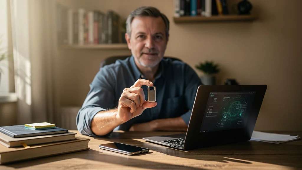 Clé de sécurité physique utilisée au quotidien par un rédacteur tech dans un bureau moderne éclairé naturellement