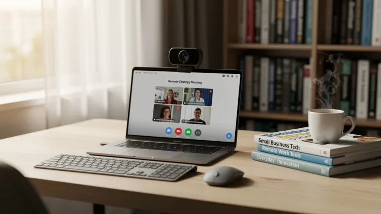 Webcam de qualité pour télétravail installée sur un bureau moderne, testée en visioconférence professionnelle
