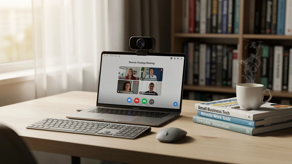 Webcam de qualité pour télétravail installée sur un bureau moderne, testée en visioconférence professionnelle